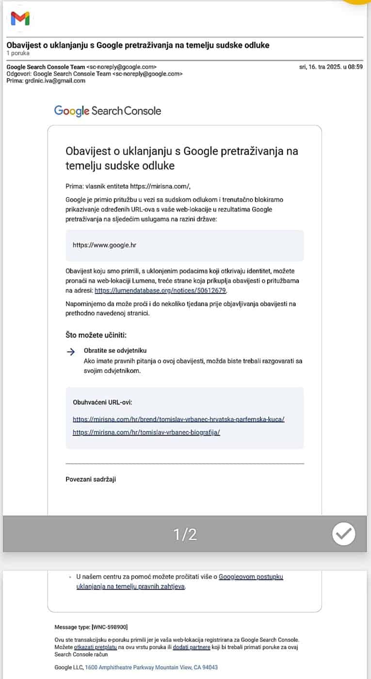 Pokušaj manipulacije rezultatima Google pretraživanja! 5 Vrbanec GOOGLE uklanjanje 16.4.2025 01
